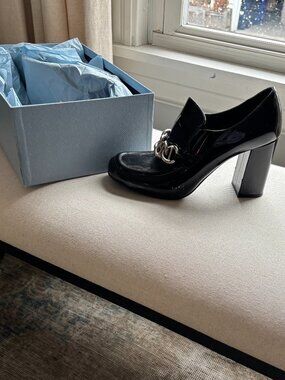 Prada Patent Leather Loafer pumps with chain link